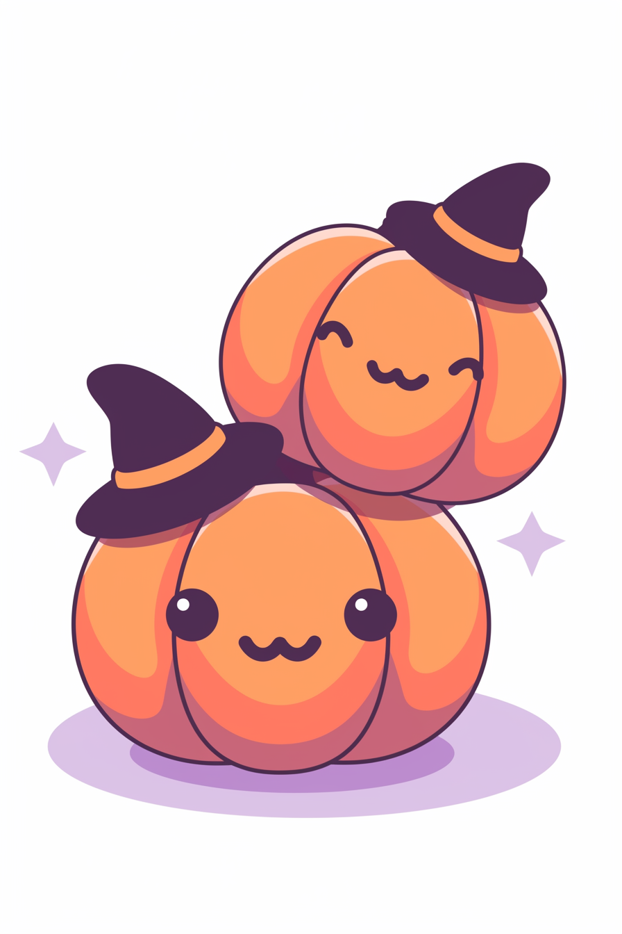 cute halloween drawings for kids featuring friendly witch hat-wearing pumpkins in a whimsical setting